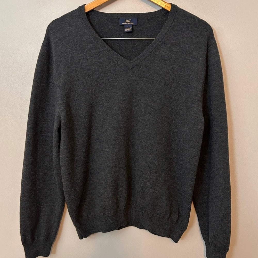 Brooks Brothers Sweater Mens‎ Large Gray Merino Wool Blend V-Neck 346 Pullover
